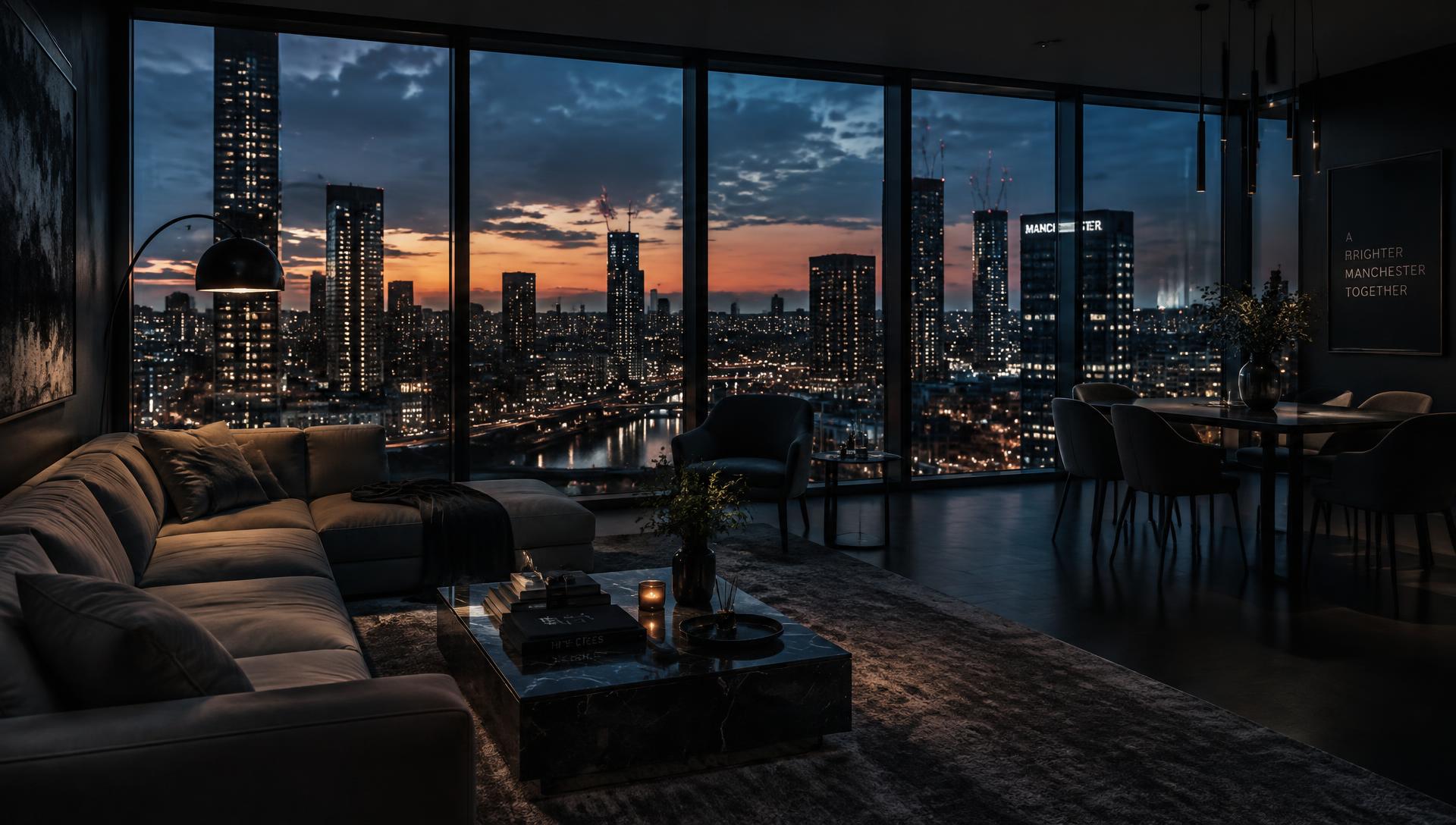 Cinematic dusk view of a Manchester apartment interior overlooking the city skyline