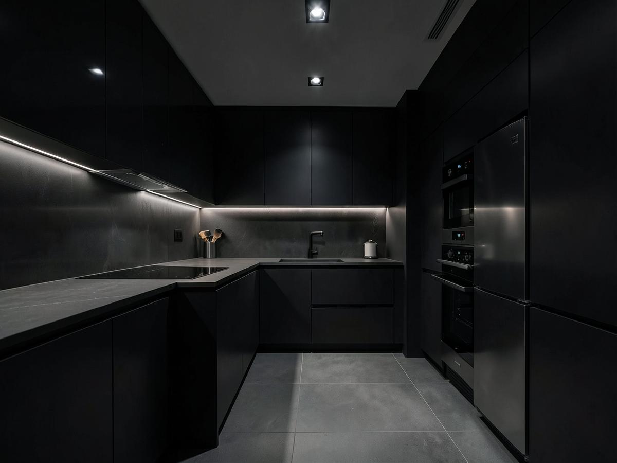 Dark, moody interior photograph of a modern kitchen in a Manchester apartment