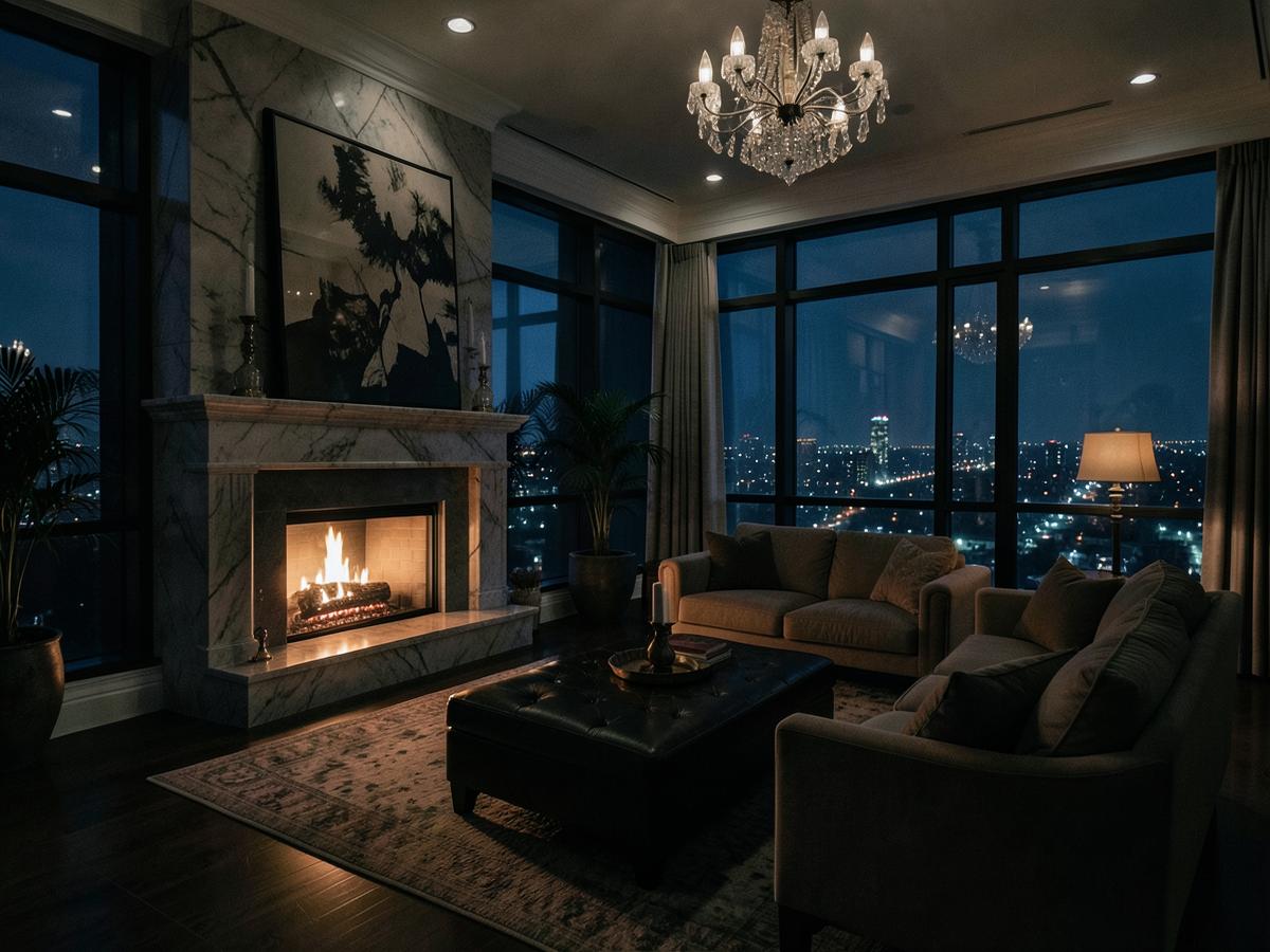 Cinematic photograph of a luxury living room lit by a fireplace at night